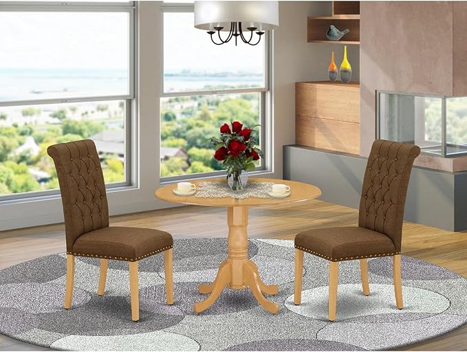 East West Furniture DLBR3-OAK-18 3 Piece Kitchen Table & Chairs Set Contains a Round Dining Table with Dropleaf and 2 Brown Linen Linen Fabric Upholstered Chairs, 42x42 Inch, Oak