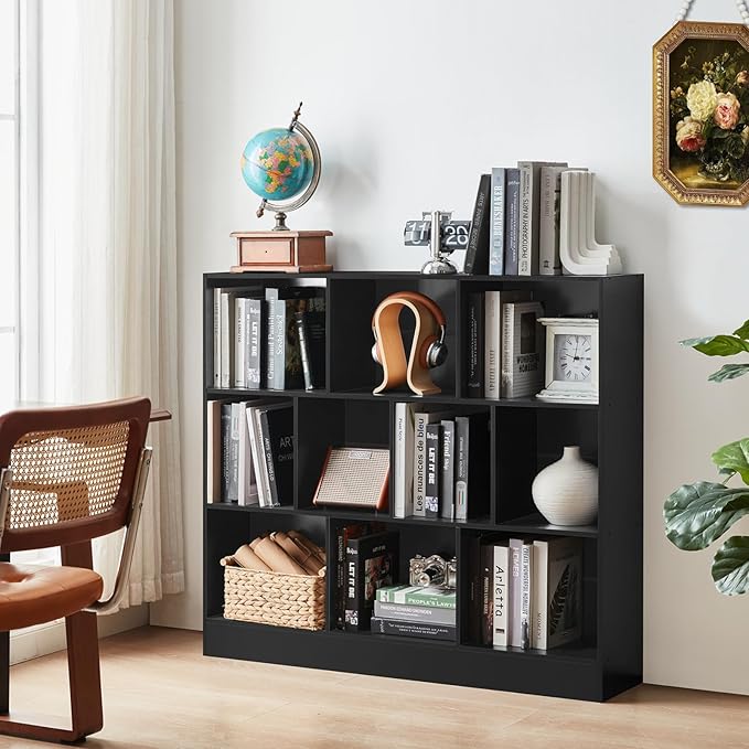 YAHARBO Black Wide Bookshelf,3 Tier Modern Horizontal Bookcase,Wood Low Bookshelves Display Storage Cabinet with Base,Floor Standing 10 Cube Large Bookcases Organizer for Bedroom,Living Room,Office
