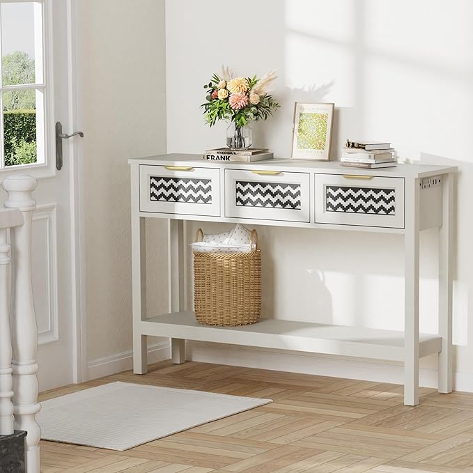 Entryway Table, Boho Console Table with 3 Storage Drawers and Storage Shelf, Sofa Table with Socket, for Entryway, Living Room, Behind Couch and Hallway (White)