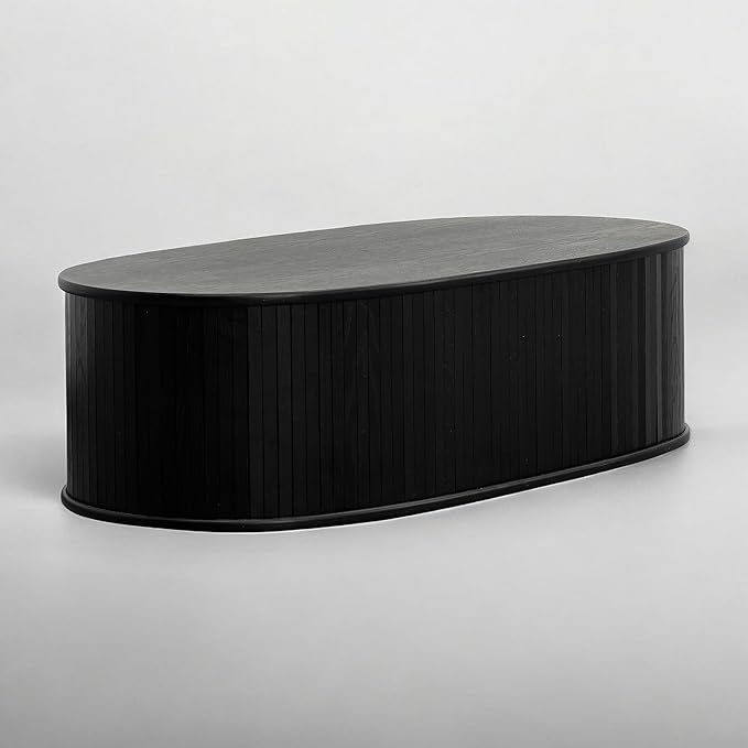 NTC Stream Coffee Table, Modern Oval Wooden Center Table with Vertical Groove Design, Stylish Living Room Decor, Contemporary Minimalist Style for Home and Office, Easy Assembly - Burnt Black