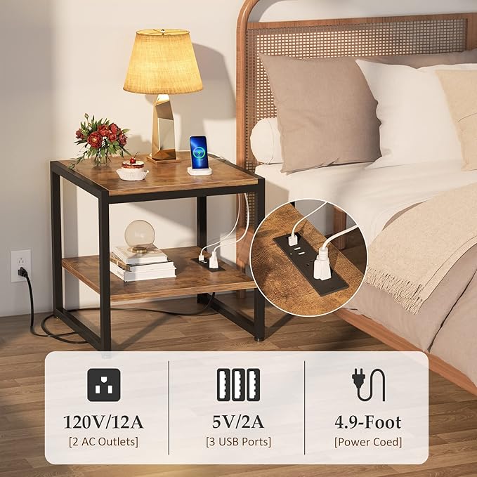 Homieasy End Table with Charging Station, 20 Inch Mini Fridge Stand with 2-Tier Open Shelf, Square Bedside Nightstand & Sofa Side Table for Living Room, Dorm, Office,Rustic Brown