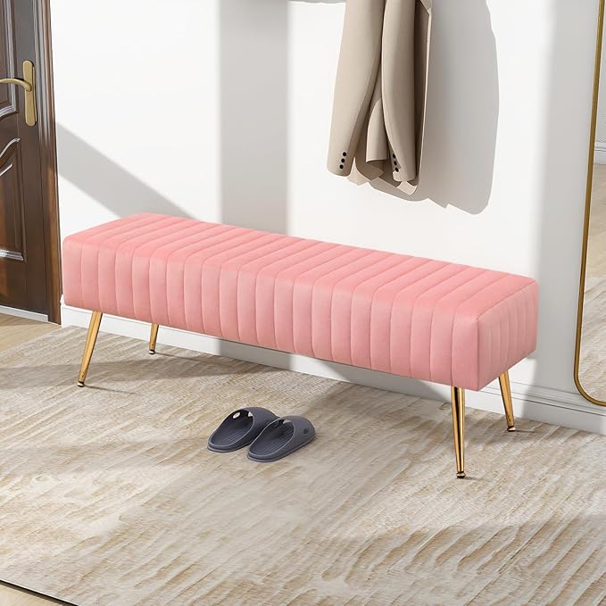 Furniliving 44 Inch Velvet Bench, Upholstered Tufted Striped Fabric Bedroom Bench with Golden Metal Legs, Ottoman for Living Room, Solid Wood Indoor Bench for Foyer (Pink)
