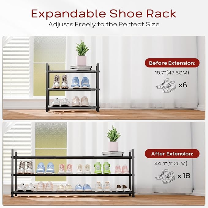 Bumusty 3-Tier Long Expandable Shoe Rack for Closet, 18"-44" Adjustable Shoe Rack for Entryway, 15-18 Pairs Large Shoe Organizer Shelf Storage, Sturdy Metal, Black