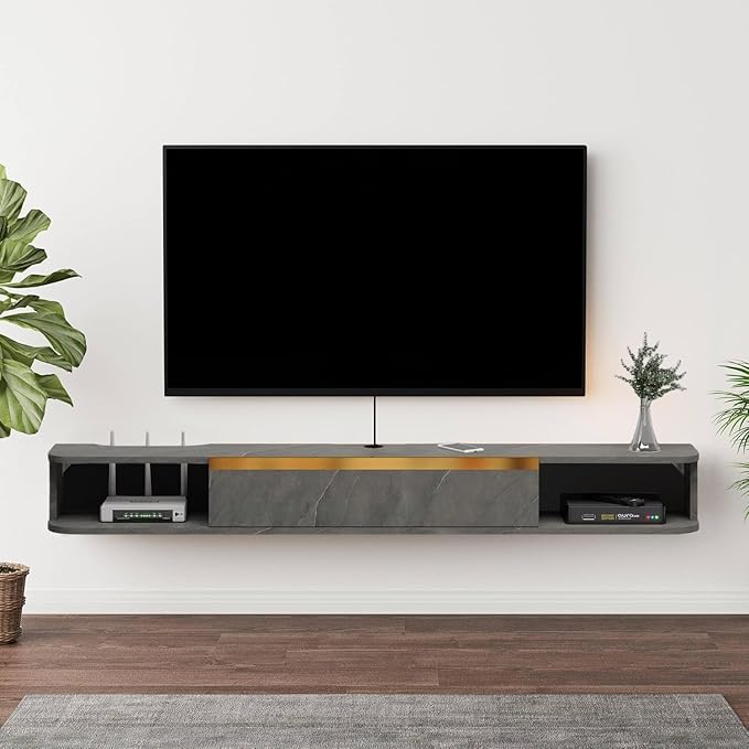 Floating TV Stand, 95'' Wall Mounted Entertainment Center TV Media Console, Floating Shelves with Door, Floating TV Cabinet Large Storage TV Bench for Living Room (Dark Grey, 94.49IN)