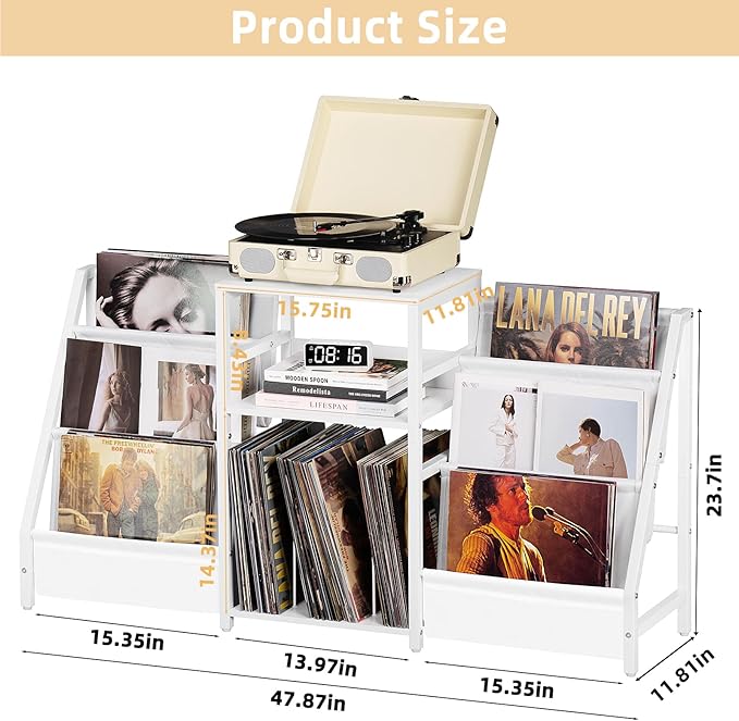 LELELINKY Record Player Table,Turntable Shelf with Vinyl Storage Up to 180 Albums,White Side Table with 3 Tier Magazine Periodical Book Rack,Wide Metal Record Holder Cabinet for Office, Music Room