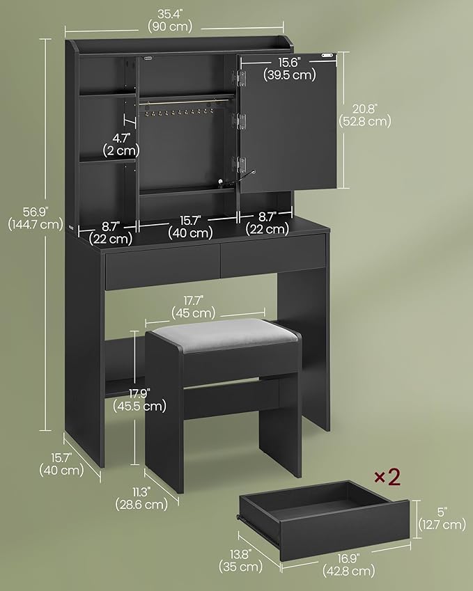 VASAGLE Vanity Desk with Mirror and Lights, Makeup Vanity with Upholstered Vanity Stool, Dimmable LED Lights, Adjustable Shelves, 7 Compartments, 2 Drawers, for Bedroom, Ink Black URDT131B01