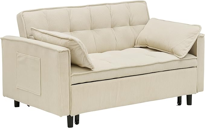 Ball & Cast Convertible Sofa Bed,Pull Out Loveseat Sleeper Sofa,Convertible Pull Out Couch W/ 2 Pillows,Adjustable Backrest & Side Pocket,Corduroy Futon Couches for Living Room,Apartment,Beige,54"