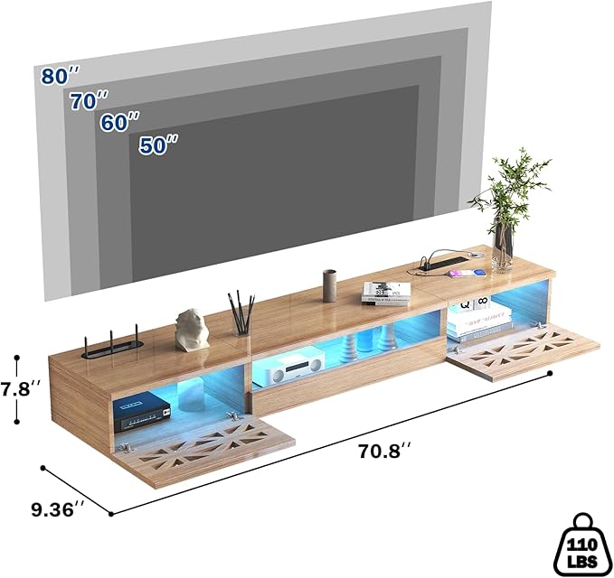Floating TV Stand, 71" Floating Entertainment Center Wall Mounted,Floating Wall Mounted TV Shelf with,Modern High Gloss tv Cabinet Media Console with Storage