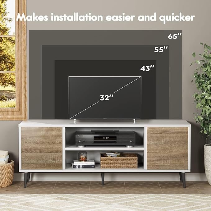 YESHOMY Modern TV Stand for 65" Television, Entertainment Center with Two Storage Cabinets, Retro Style Media Console for Living Room, Bedroom, Office, 58 Inch, White and Coffee