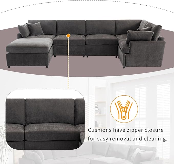 Merax 6-Seater Modern Large U-Shape Sectional Sofa, with Removable Ottomans for Living Room,Gray