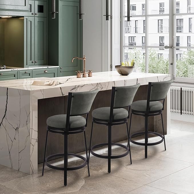 Bar Stools Set of 2, 25 Inch Metal Counter Height Bar Chairs, Modern Faux Leather 360° Round Swivel Barstools with Back, Counter Stools for Kitchen Island, Pub, Grey