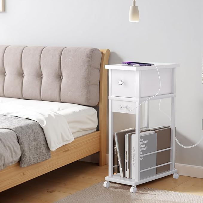 Side Table Set of 2,Side Table with Charging Station and Drawer, Narrow End Table with USB Ports and Outlets for Small Space, Living Room, Bedroom and Office, with 4 Wheels