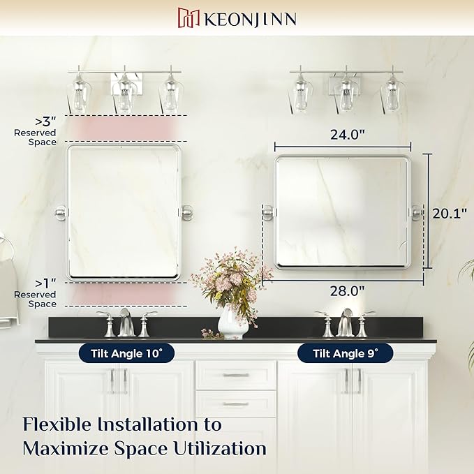 Keonjinn Brushed Nickel Pivot Mirror Bathroom, 20"x24" Tilt Mirror Bathrooms for Over Sink, Silver Rounded Corner Beveled Bathroom Mirror, Modern Metal Framed Vanity Mirrors (Horizontal/Vertical)