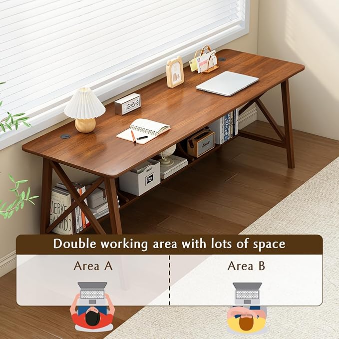Extra Long Desk with Bookshelf - Wooden Home Office Work Study Table, 2-Person Writing Computer Workstation with Storage Shelf in Walnut, 71" Wx24 Dx30 H