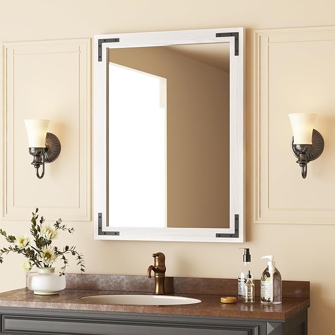 VocalStar White Wood Framed Mirror 24 x 32 Inch, Rustic Natural White Wooden Rectangle Bathroom Vanity Wall Mirror for Farmhouse Boho Decor, 1/4-inch Shatterproof Glass | Waterproof