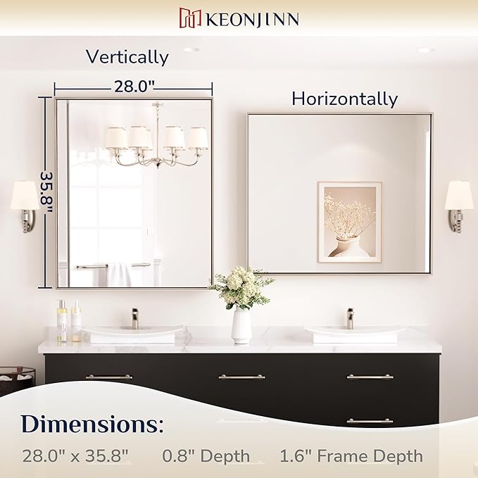 Keonjinn Brushed Nickel Bathroom Mirror for Wall 28 x 36 in, Rectangular Metal Framed Silver Mirror for Vanity Square Corner Aluminum Alloy Rectangle Modern Mirror for Over Sink(Horizontal/Vertical)