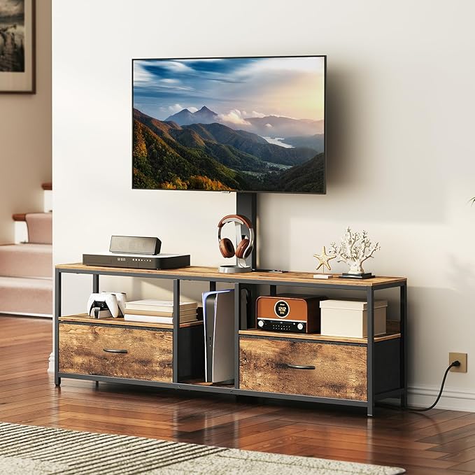 TV Stand with Mount for up to 75", Entertainment Center with Switch-Controlled Charging Station, Swivel TV Stand Mount with Fabric Drawers, for Living Room, Rustic Brown TVHR154E01N1