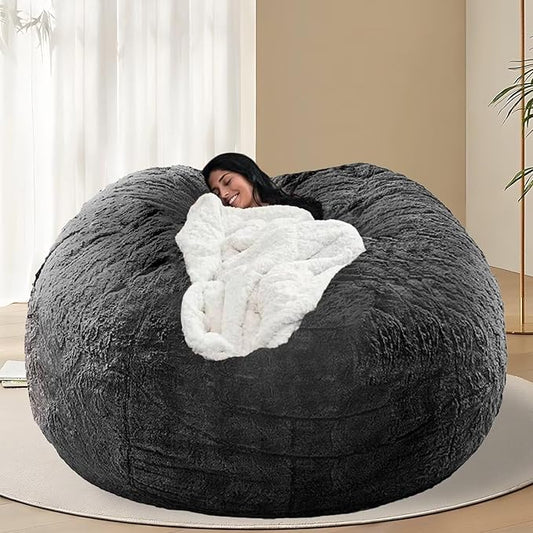 BCU Oversized Bean Bag Cover Comfy Beanbag Chair for Adults Without Filler Faux Fur Lazy Sofa Cover for Living Room Chairs, Dark Grey, 5FT