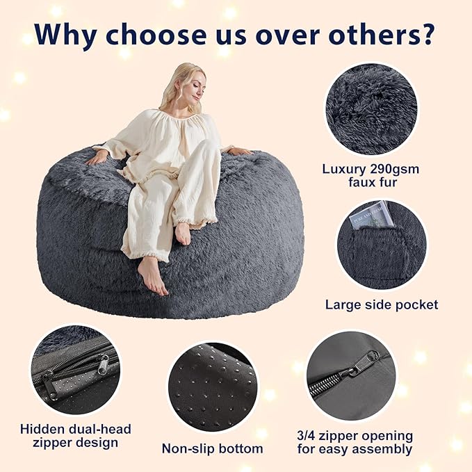 Bean Bag Cover(No Filler), Faux Fur Comfy Bean Bag Chairs for Adults, Washable Bean Bag Chair Cover, Fluffy Plush Giant Bean Bags Chairs for Teens Kids Girls, Anti-Slip, 5FT, Dark Grey