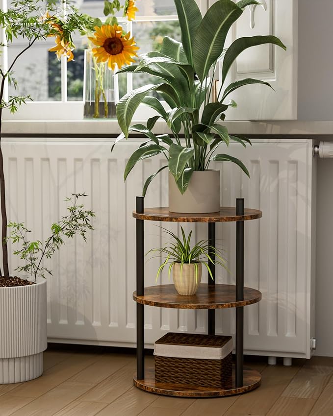 Small Round End Table - 3 Tier Design Accent Table, Narrow Side or Bedside Stand, Industrial Vintage Nightstand for Bedroom, Living Room, or Small Spaces, Set of 2, Rustic Brown