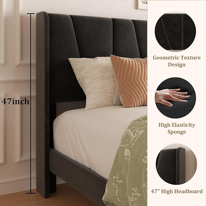 Full Bed Frame with Storage Drawers, Upholstered Platform Bed with Headboard and Wingboard, No Box Spring Needed, Noise Free, Easy Assembly, Wooden Support Slats, Black