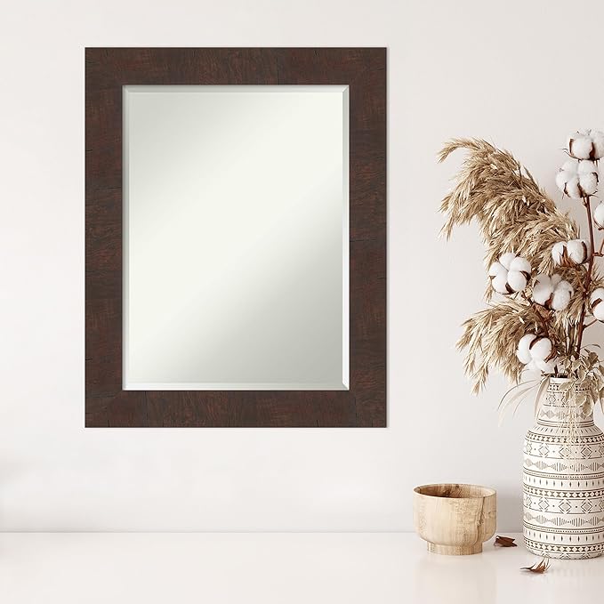 Amanti Art Brown Wall Mirror 29x23 Wildwood Brown Rectangle Bathroom Mirror for Wall Decor Living Room, Medium Rustic Farmhouse Frame, Hangs Horizonally and Vertically, Bathroom Decor, Beveled Edge
