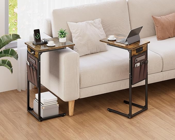 Vagusicc C Shaped End Table with Charging Station, Small Side Table for Couch, Tall Sofa Table Couch Side Tables, Slide Under Sofa Table TV Tray Arm C Tables for Living Room, Bedroom, Bedside, Brown
