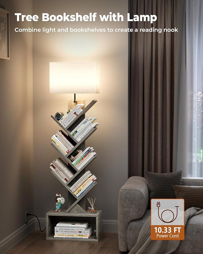 6 Tier Tree Bookshelf with Light, Narrow Bookcase Tower, Tall Floor Standing Book Shelf Organizer with Storage Cabinet for Living Room, Bedroom and Home Office, Gray