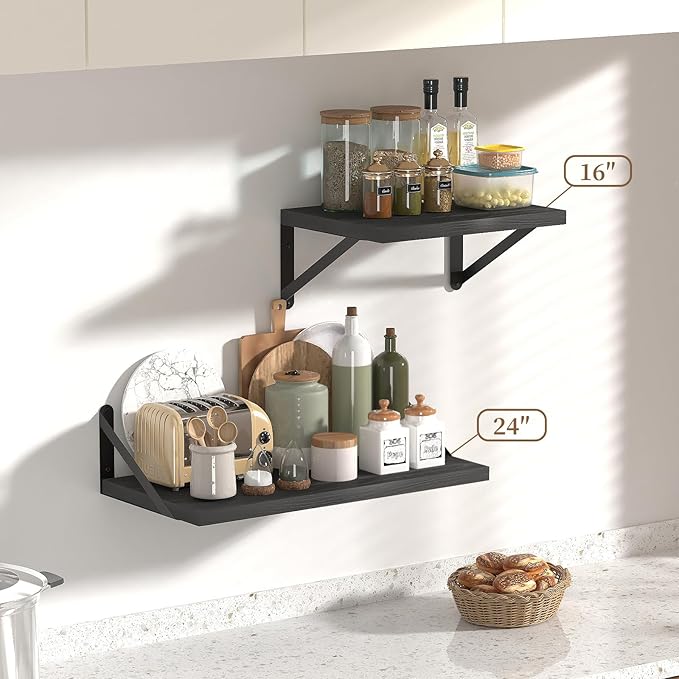 SAUMONIERES Floating Shelves Wall Bookshelf for Bedroom Bathroom Living Room Wood Wall Mounted Wide Deep Storage, Black Painted Wall Shelves Set of 2