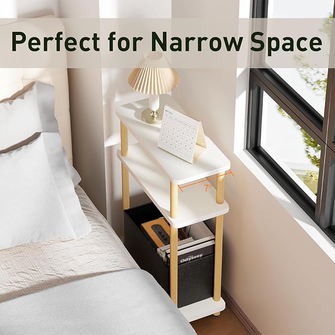 Narrow Side Table with Fabric Basket, 7" Wide, 3 Tier Skinny End Table with Wood Legs, Slim Nightstand/Bedside Table for Small Spaces, with Adjustable Feet, 15.7" L x 23" H