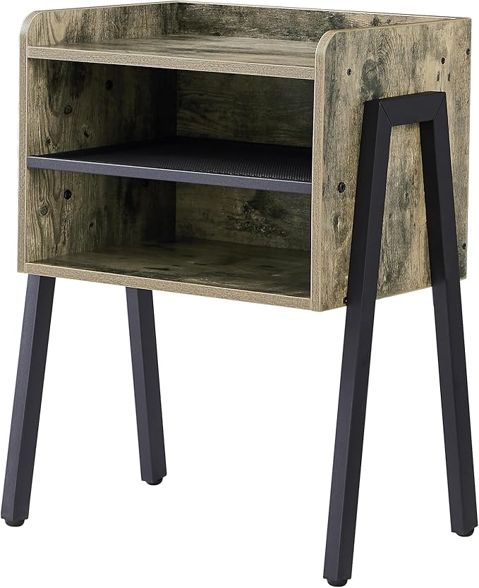 VECELO Nightstand Industrial Side End Table/Stackable Accent Furniture with 2-Tier Open Storage Compartments for Bedroom, Living Room and Small Spaces