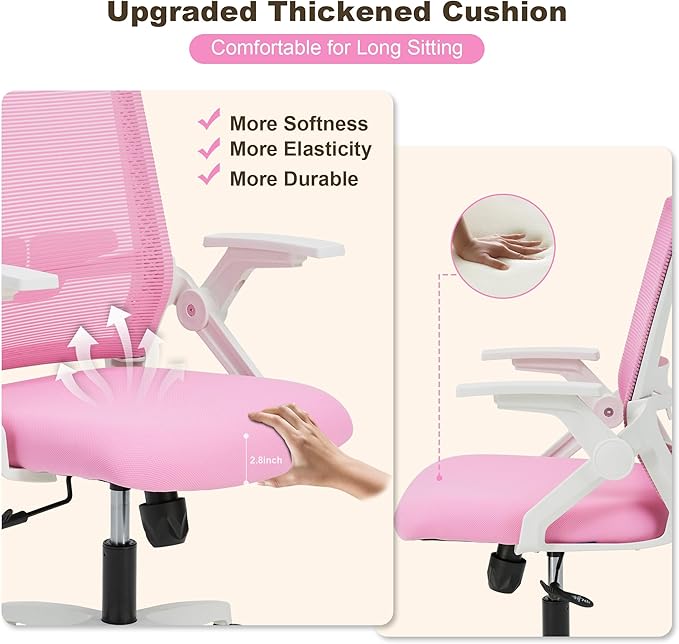 Ergonomic Office Chair Desk Chair with Adjustable Height Mesh Computer Chair Swivel Chair with Flip-up Arms and Lumbar Support Pink