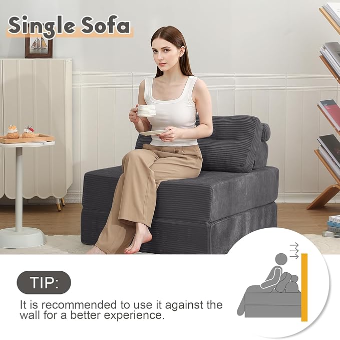 MeMoreCool Instant guest-ready comfort - Convertible sofa chair for small spaces & dorms, folds into a floor futon with pillow,removable machine-washable cover, no assembly,space-saving for overnights