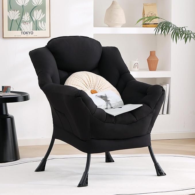 Lazy Chair, Reading Armchair, Large Modern Lounge Accent Chair, Leisure Sofa Chair for Living Room, Bedroom, Dorm Room (Black)