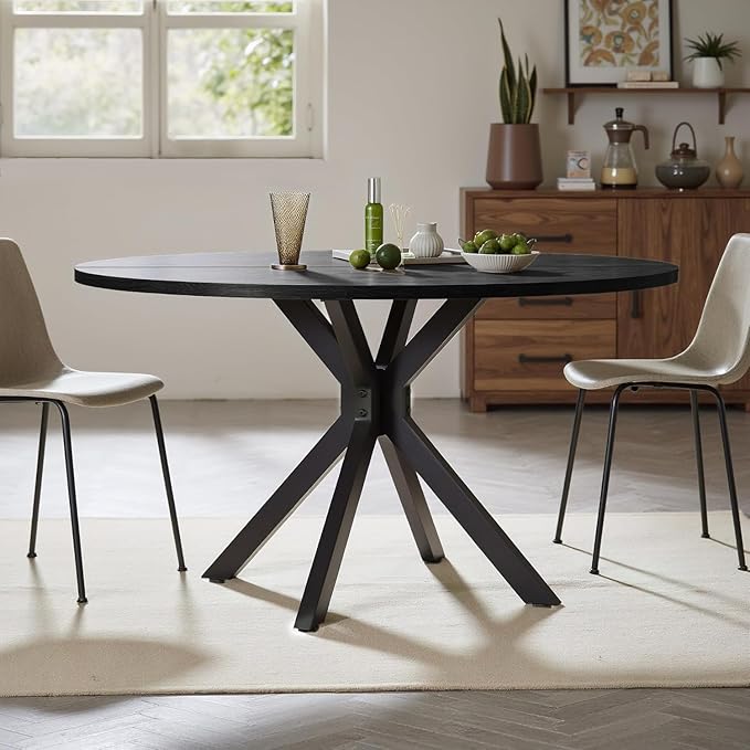 47 Inch Round Dining Table for 4, Modern Round Dinner Table Small Mid Century Dining Room Tables, Leisure Kitchen Tables for Small Space, Kitchen, Living Room, Steel Legs, Black