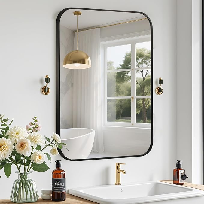 Black Bathroom Mirror, 30x36 Inch Aluminum Frame Rectangle Mirror, Anti-Rust, Tempered Glass, Wall Mirror for Over Sink, Vanity, Bedroom, Entryway, Horizontal/Vertical