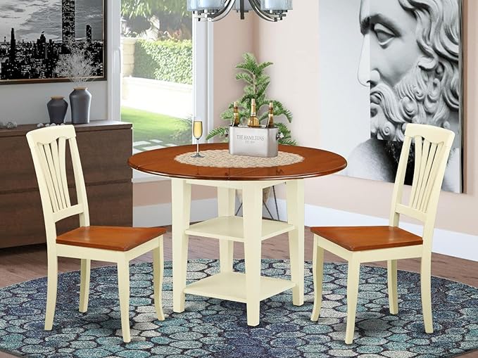 East West Furniture SUAV3-BMK-W 3 Piece Kitchen Table Set for Small Spaces Contains a Round Dining Table with Dropleaf & Shelves and 2 Dining Room Chairs, 42x42 Inch, Buttermilk & Cherry