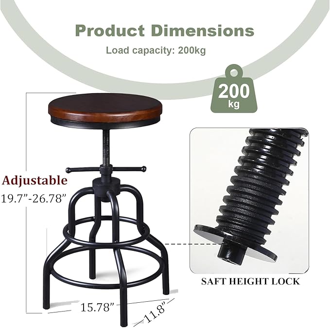 LOKKHAN Vintage Industrial Bar Stool - Rustic Swivel - Round Wood Metal - Kitchen Counter Height Adjustable - Pipe Stool - Cast Steel - 20-27 Inch (Set of 2)