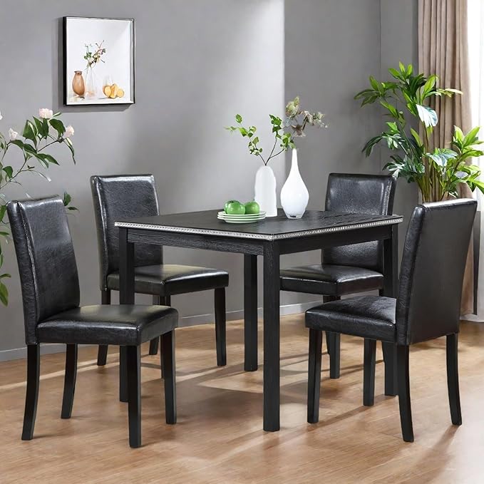 Dining Table Set for 4, 5-Piece Dining Room Table Set with Square Crystal Decoration Table & 4 Upholstered Backrest Chairs, Counter Height Kitchen Sets with Faux Wood Grain Design, Black