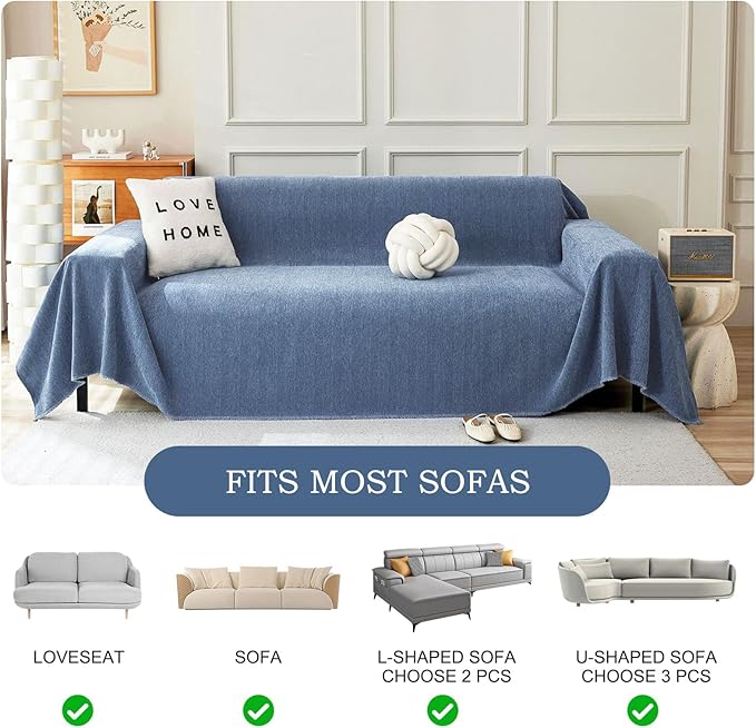 STACYPIK Stylish Blue Sofa Cover Chenille Herringbone Couch Covers for 3 Cushion Couch Cat Scratches Couch Covers for Sectional Sofa Pet Protector Futon Loveseat Cover Multi-Use Throw Blanket-71x150IN