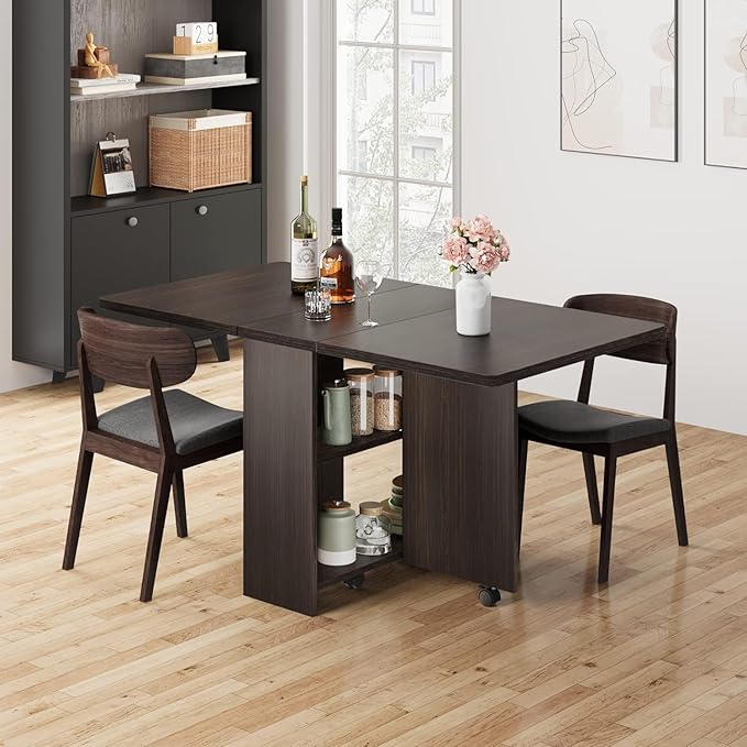 IDEALHOUSE Folding Dining Table, Drop Leaf Dining Table with 6 Wheels and 2-Layer Storage Shelf, Space Saving Dining Table for Small Spaces (Dark Walnut, 50.1" D x 31.4" W x 29.5" H)