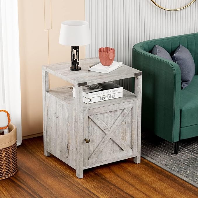 Farmhouse Nightstand Set of 2, Rustic End Table with Storage, Bedroom Night Stand, Industrial Bedside Table with USB Ports and Outlets, 17.7 x 17.7 x 23.6 inches, Grey