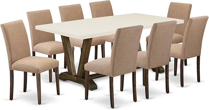 East West Furniture V727AB747-9 9 Piece Dining Table Set Includes a Rectangle Dining Room Table with V-Legs and 8 Light Sable Linen Fabric Upholstered Chairs, 40x72 Inch, Multi-Color