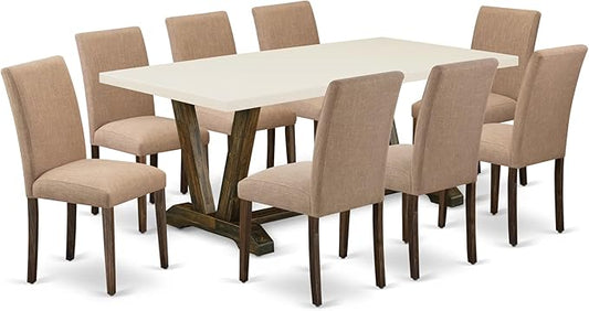 East West Furniture V727AB747-9 9 Piece Dining Table Set Includes a Rectangle Dining Room Table with V-Legs and 8 Light Sable Linen Fabric Upholstered Chairs, 40x72 Inch, Multi-Color