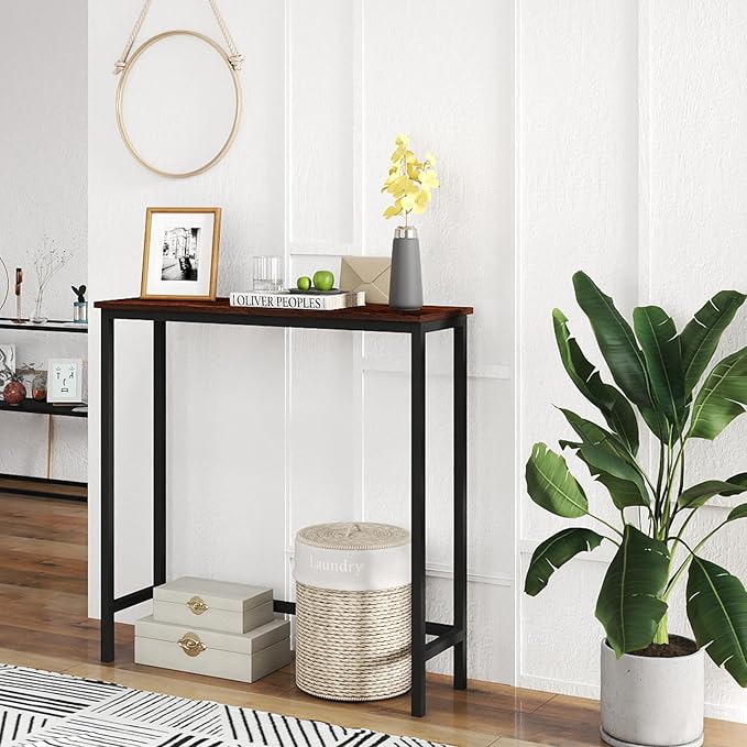 HollyHOME Narrow Console Table, 29.5" Slim Entryway Table, Sofa Stand, Hallway Shelf for Hallway, Bedroom, Living Room, Foyer, Rustic Brown