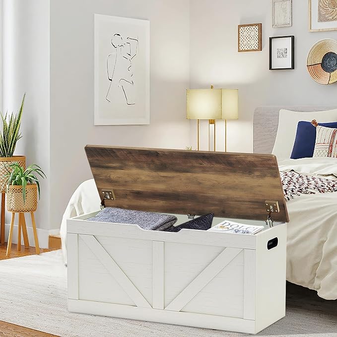 39.4" Storage Chest, Wooden Storage Bench, Large Storage Trunk with 2 Safety Hinges, Entryway Shoes Bench for Living Room, Bedroom, Brown and Rustic White