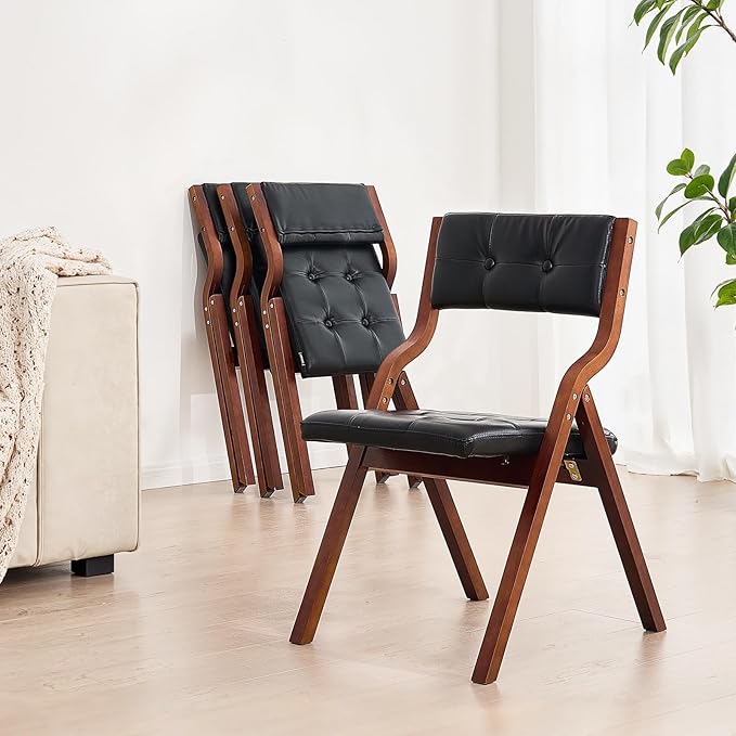 VEVOR Wooden Folding Chairs with Leather Cushion, Set of 2, Portable Foldable Cushion Chair with Wooden Frame, Easy Assembly, Modern Leather Padded Dining Chair for Office, Wedding, Party, Home, Black
