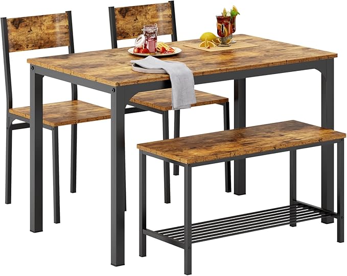 SogesHome 4-Piece Kitchen Table and 2 Chairs for 4 with Bench, Dining Table Set for Small Space, Apartment, Living-Room, Restaurant, Vintage Brown