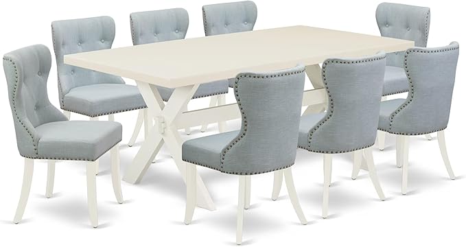 East West Furniture X027SI215-9 9 Piece Dining Table Set Includes a Rectangle Dining Room Table with X-Legs and 8 Baby Blue Linen Fabric Upholstered Chairs, 40x72 Inch, Multi-Color