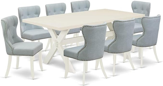 East West Furniture X027SI215-9 9 Piece Dining Table Set Includes a Rectangle Dining Room Table with X-Legs and 8 Baby Blue Linen Fabric Upholstered Chairs, 40x72 Inch, Multi-Color